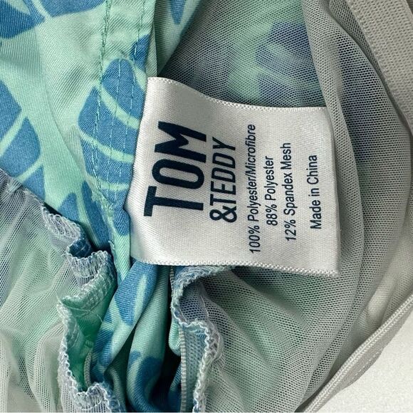 TOM&TEDDY Men’s Leaf Print turquoise and navy swim trunks sz S 5in seam - Picture 6 of 7